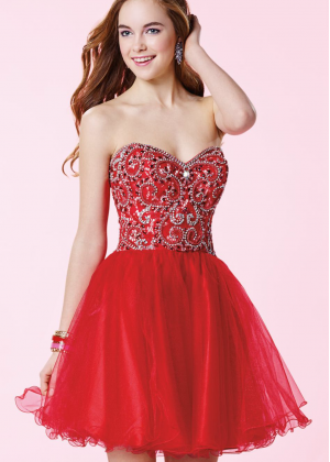Red Tulle Beaded Sweetheart Neckline Knee Length Prom Dress Red Tulle Beaded Sweetheart Neckline Knee Length Prom Dress